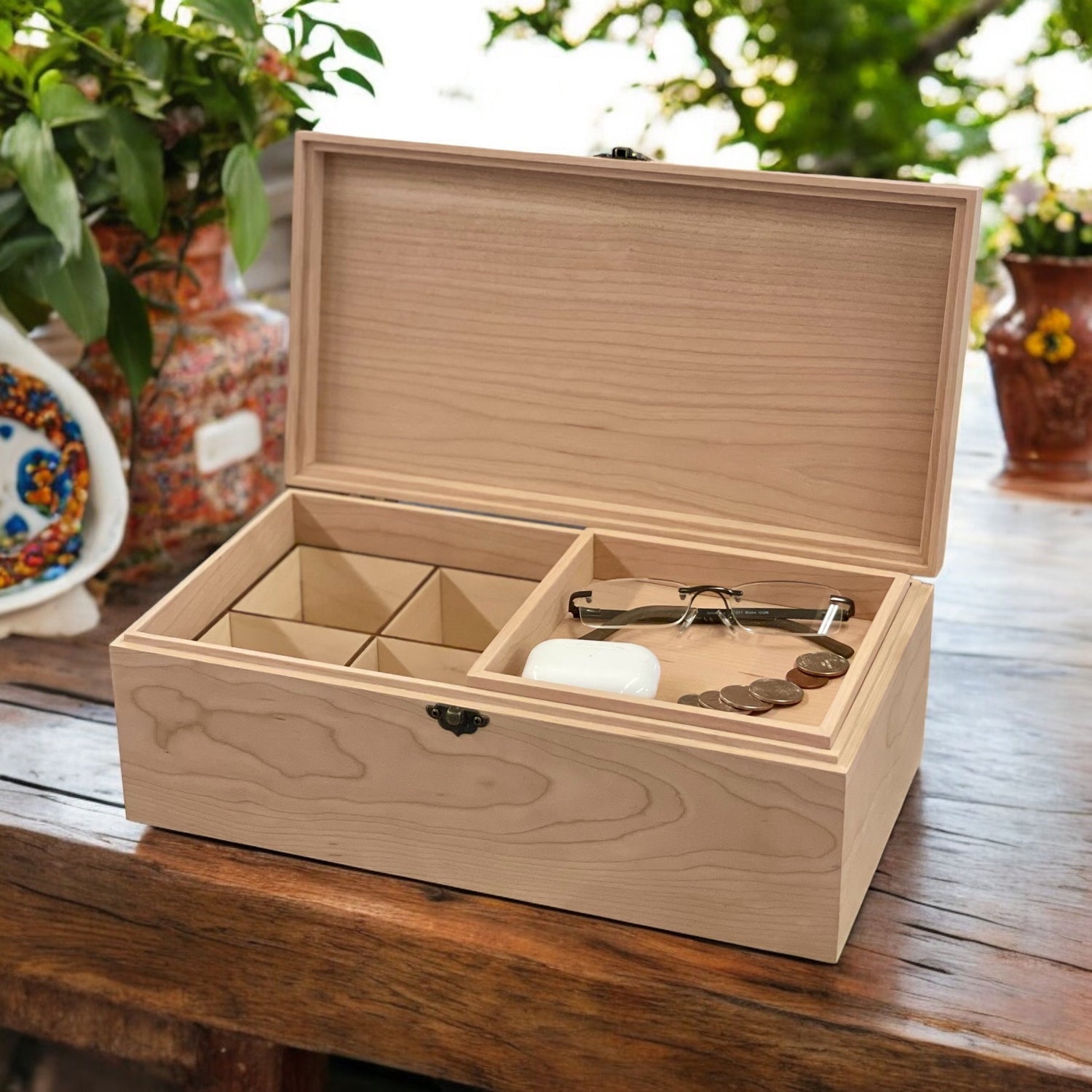 Handcrafted oak, maple, or cherry watch storage box with individual compartments for men's and women's watches.