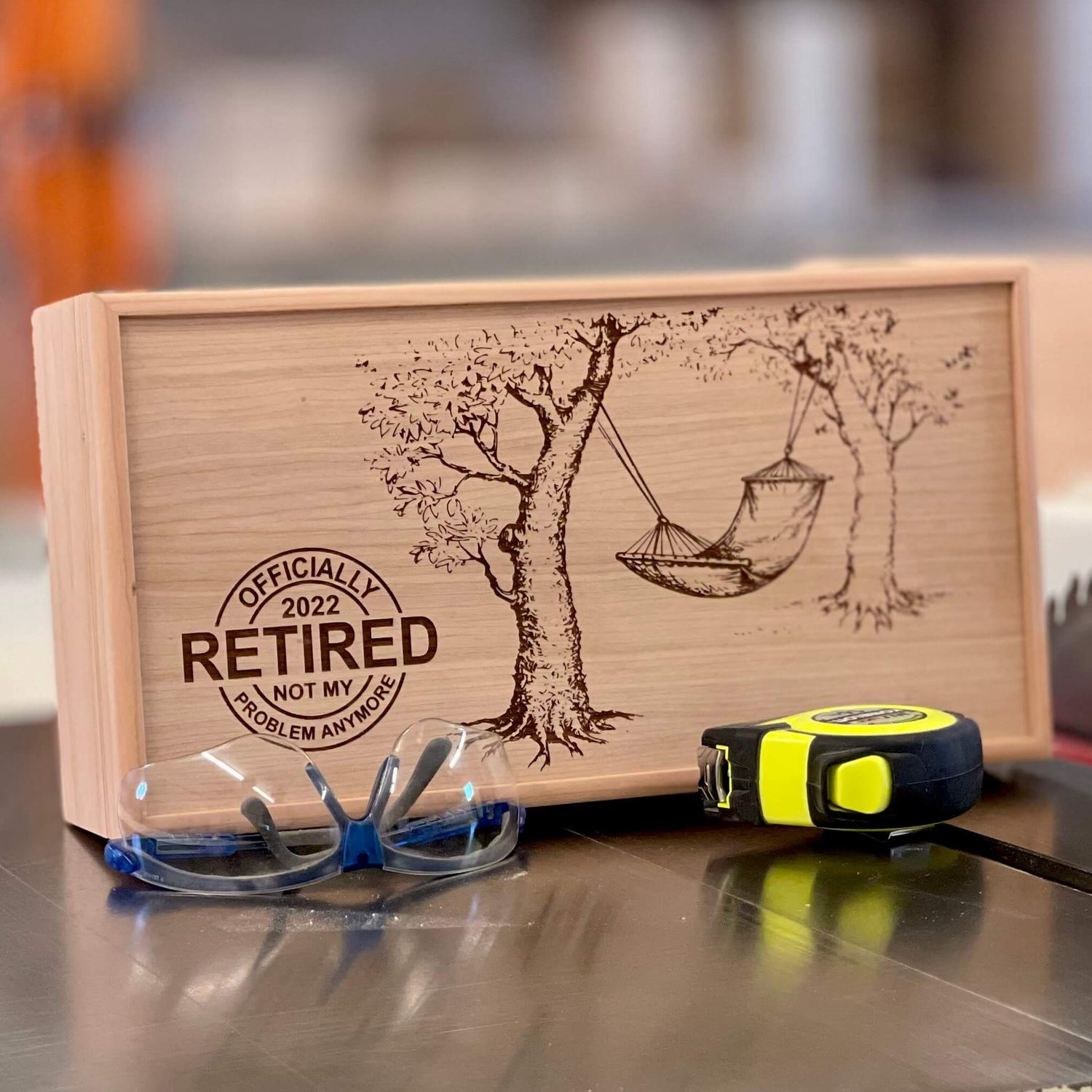 Handcrafted oak, maple, or cherry retirement gift box for storing medals, awards, and career mementos.