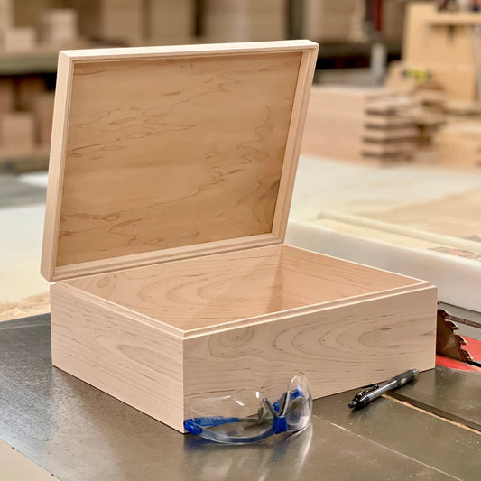 Large Wooden Box with Hinged Lid | Unfinished Storage Box | 13 3/8 x 10 1/4 x 4 3/4 | Custom Engraving Available | The Designcraft Studio - The Designcraft Studio