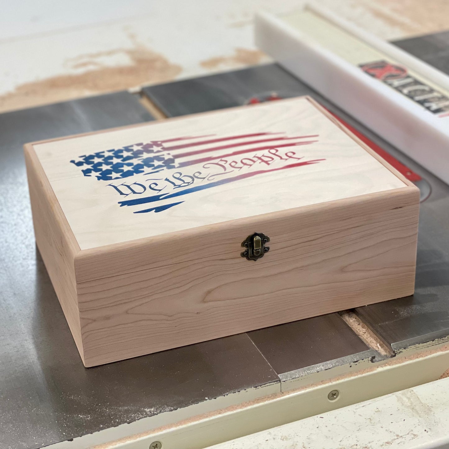 We the People Distressed American Flag Wooden Box with Hinged Lid - Store Your Treasures in Patriotic Style