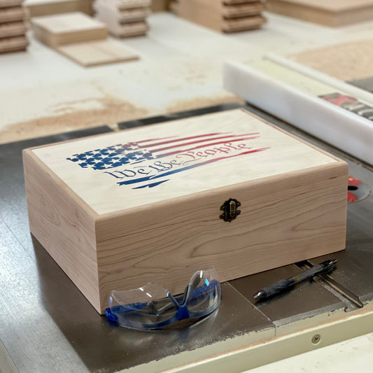 We the People Distressed American Flag Wooden Box with Hinged Lid - Store Your Treasures in Patriotic Style