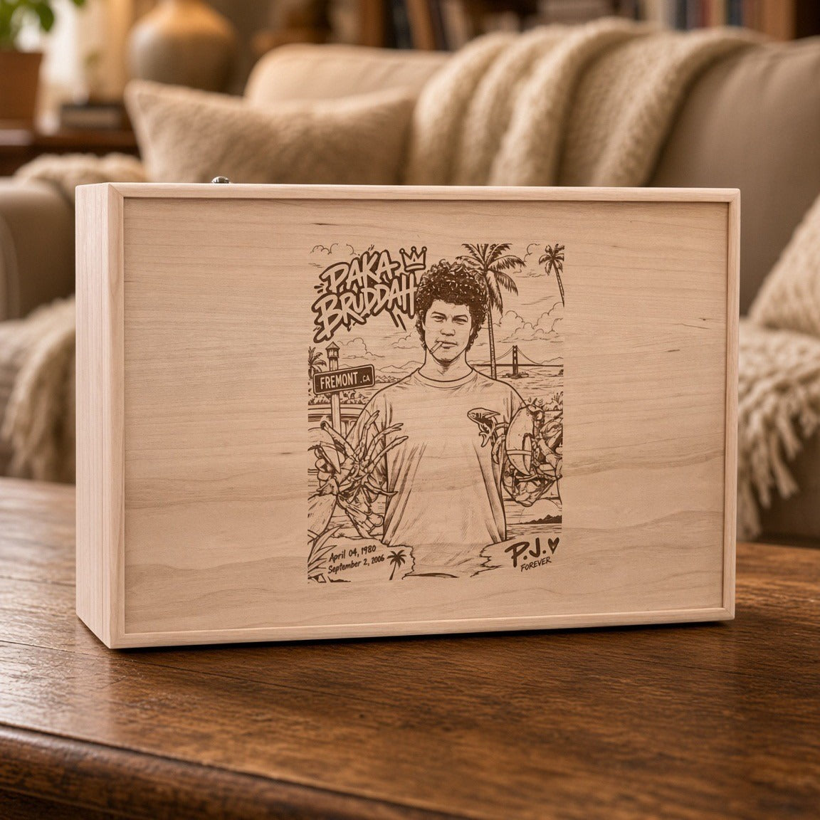 Cherry Extra Large 16 1/2 x 10 1/4 x 4 3/4 wooden box engraved with custom memorial artwork for P.J., PAKA BRUDDAH, palm trees and a Fremont street sign