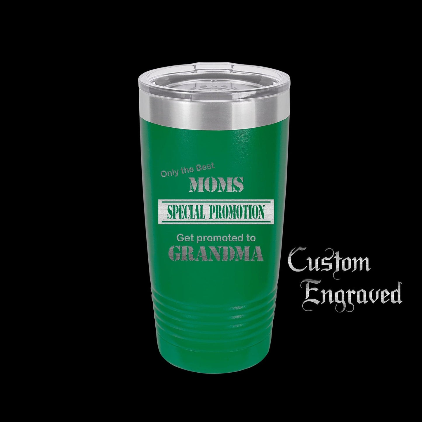 The Designcraft Studio Green Only The Best Moms Get Promoted To Grandma Travel Mug, Stainless Steel, Powder Coated Tumbler, Polar Camel, Engraved, Coffee Mug, Mom Gift