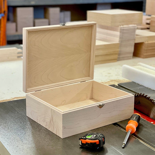 The Designcraft Studio Plain Wood Box Unfinished Wood Box with Hinged Lid 12 x 9 x 4 1/4 Personalized Laser Engraving Available