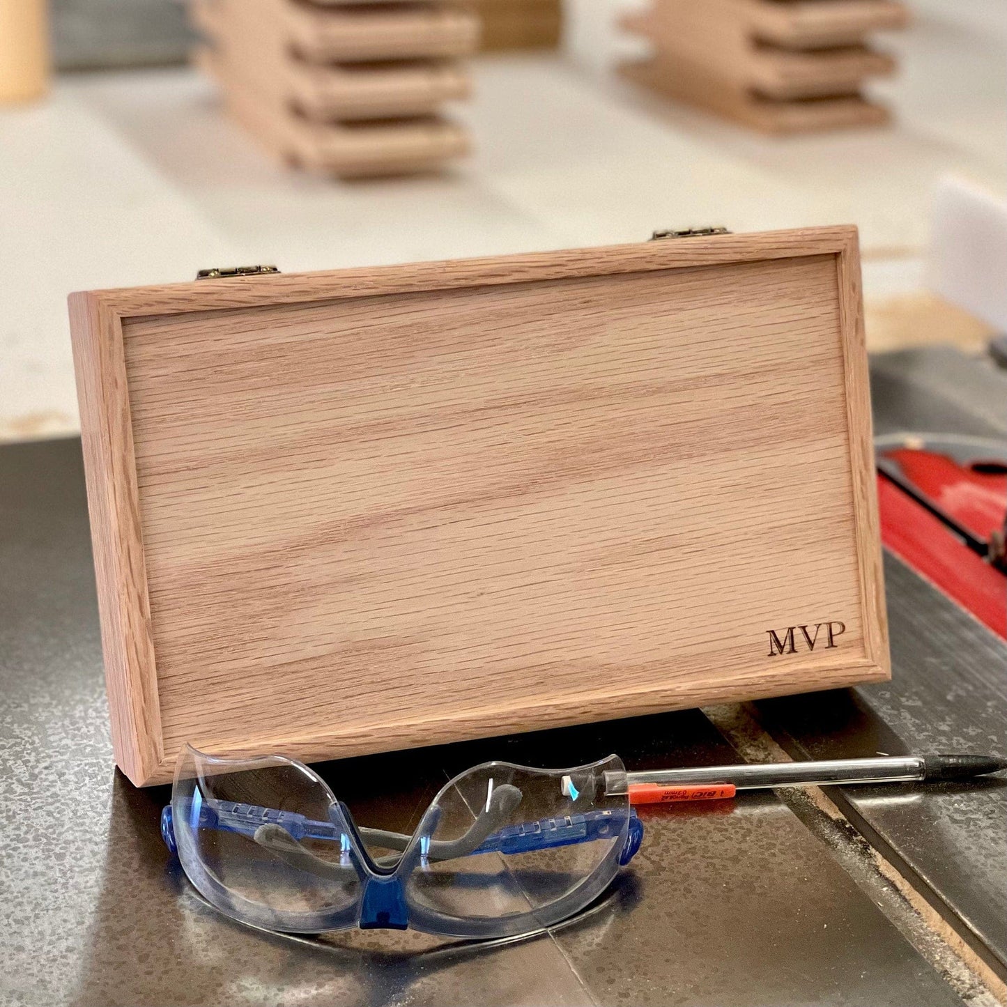 The Designcraft Studio Small Wooden Box with Hinged Lid 10 x 6 x 2 Personalized Laser Engraving Available