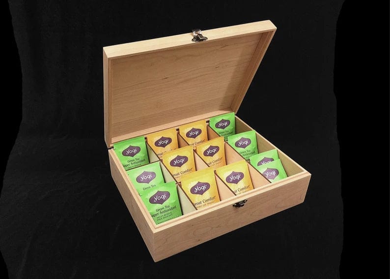 The Designcraft Studio Tea Boxes Wooden Tea Box with Hinges & Latch-12 3/8 x 9 1/2 x 3 3/4-unfinished wood box-ready to finish-engravable wood box-12 compartments