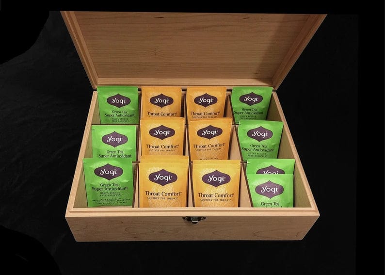 The Designcraft Studio Tea Boxes Wooden Tea Box with Hinges & Latch-12 3/8 x 9 1/2 x 3 3/4-unfinished wood box-ready to finish-engravable wood box-12 compartments