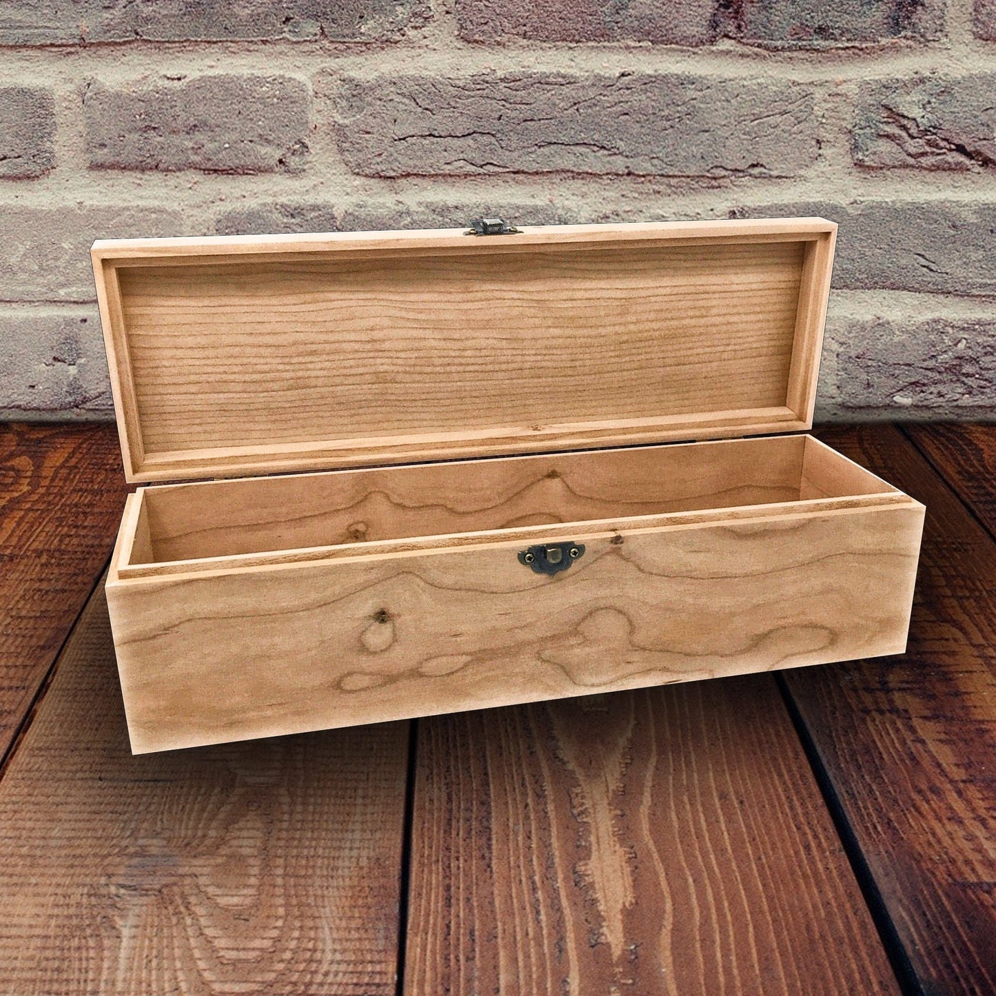 The Designcraft Studio Wine Boxes Unfinished Wood Box with Hinge and Latch 13 3/4 x 4 1/4 x 4 Personalized Laser Engraving Available