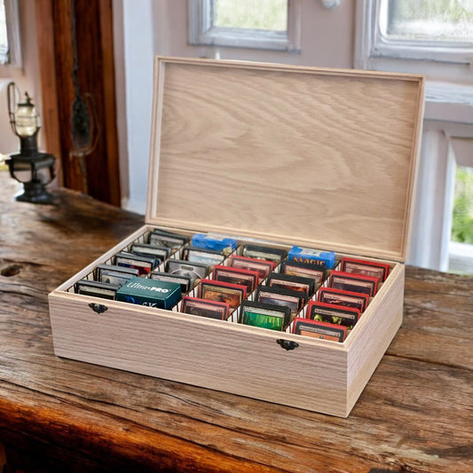 Premium Handcrafted 5-Row Wooden Trading Card Storage Box sitting open on a wooden table. Box is filled MTG cards.