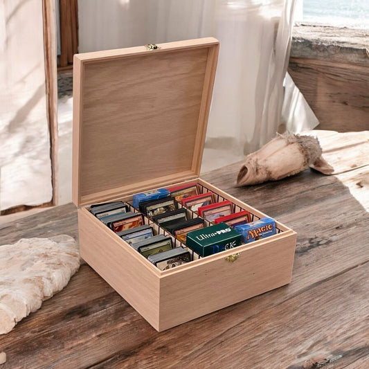 Handmade wooden Commander deck box in oak, maple, and cherry — MTG card storage box by The Designcraft Studio