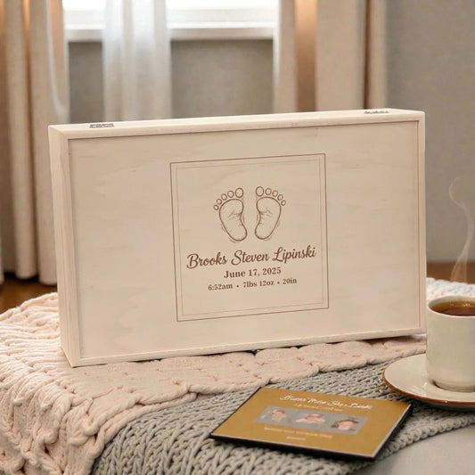 Personalized Baby Memory Box engraved with baby footprints and birth stats — Brooks Steven Lipinski, June 17, 2025 — Handcrafted Maple Keepsake Box made in Tennessee