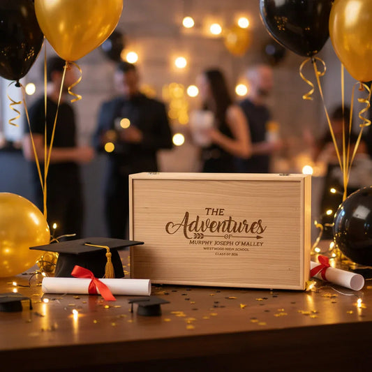 Personalized wooden graduation memory box engraved with 'The Adventures of Murphy Joseph O'Malley' surrounded by gold and black balloons, graduation cap, and diploma