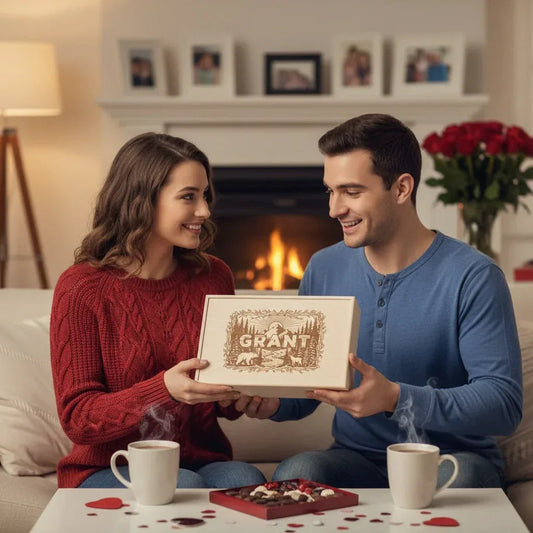 A woman smiling as she presents a custom engraved wooden box personalized with the name Grant to her partner, sitting together by a warm fireplace
