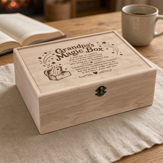 Cherry Grandpa's Magic Box with the engraved Grandpa's Magic Box poem lid and front latch, on a table by the fireplace