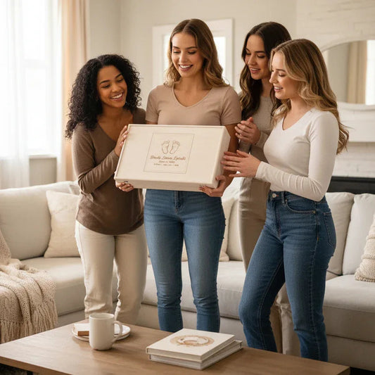 Friends gathered around a personalized wooden keepsake box as a gift
