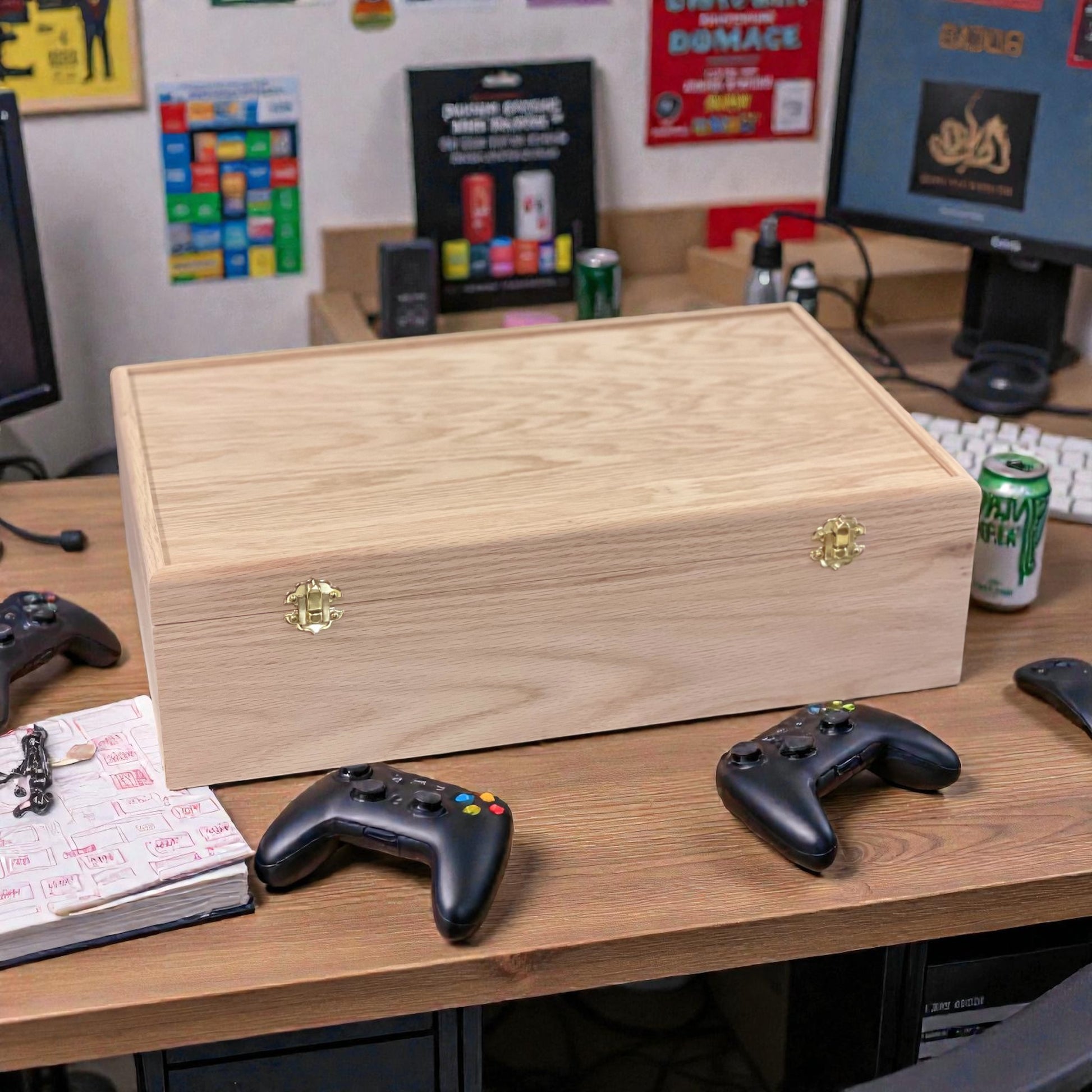 Oak 5-row wooden card box with gold hardware - holds 1875+ cards with two latches