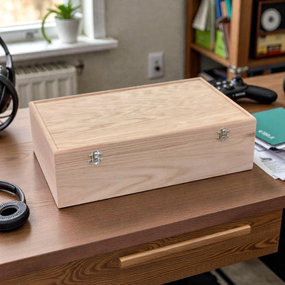 Oak 5-row trading card storage box with nickel hardware - handmade in Tennessee