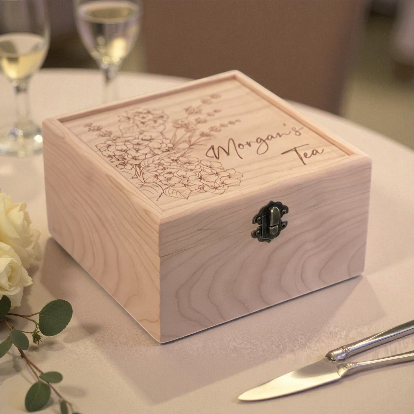 Custom Wooden Tea Box | Gift for Tea Lovers | Custom Engraved Tea Storage Chest | 4-Compartment Tea Organizer