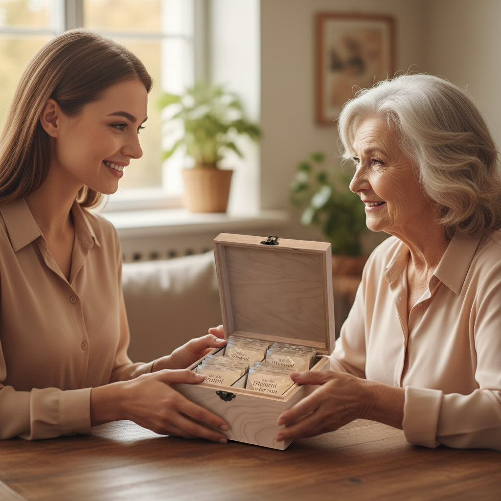Woman presenting a wooden tea box to an elderly woman in a warm indoor setting.