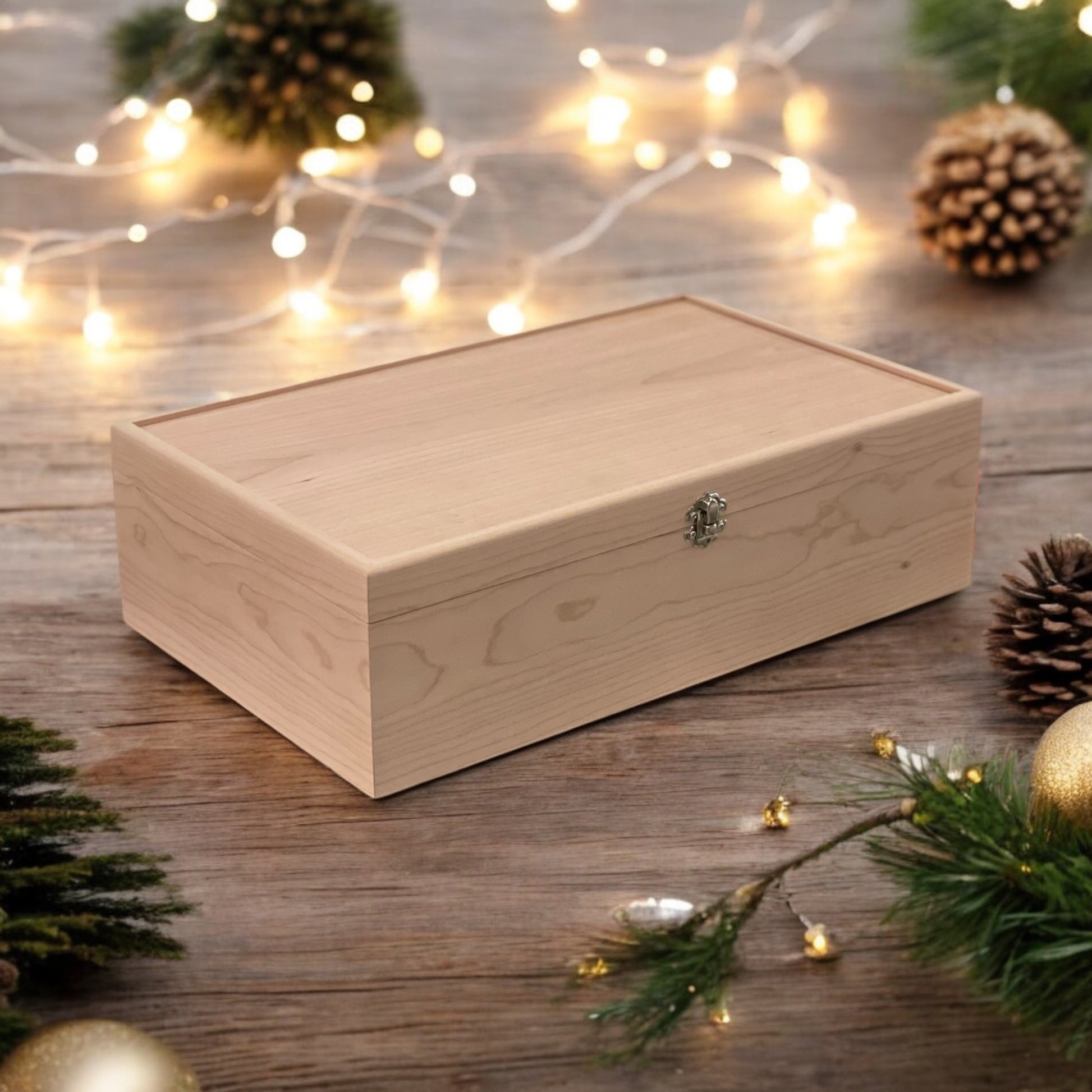 Wooden box on a wooden surface with Christmas decorations and lights.
