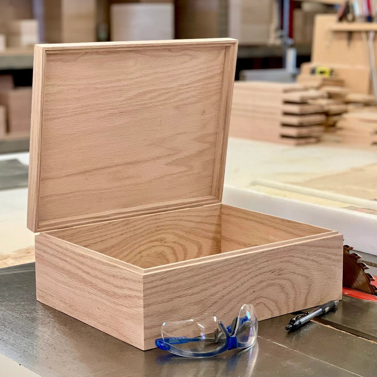 Large unfinished wooden box with hinged lid
