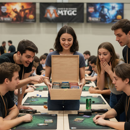girl showing her mtg deck box off to her friends