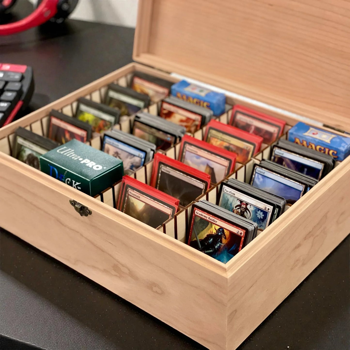 4-Row Wooden Card Storage Box - All Natural Oak, Maple, Cherry - Holds 1,500+ Cards - The Designcraft Studio