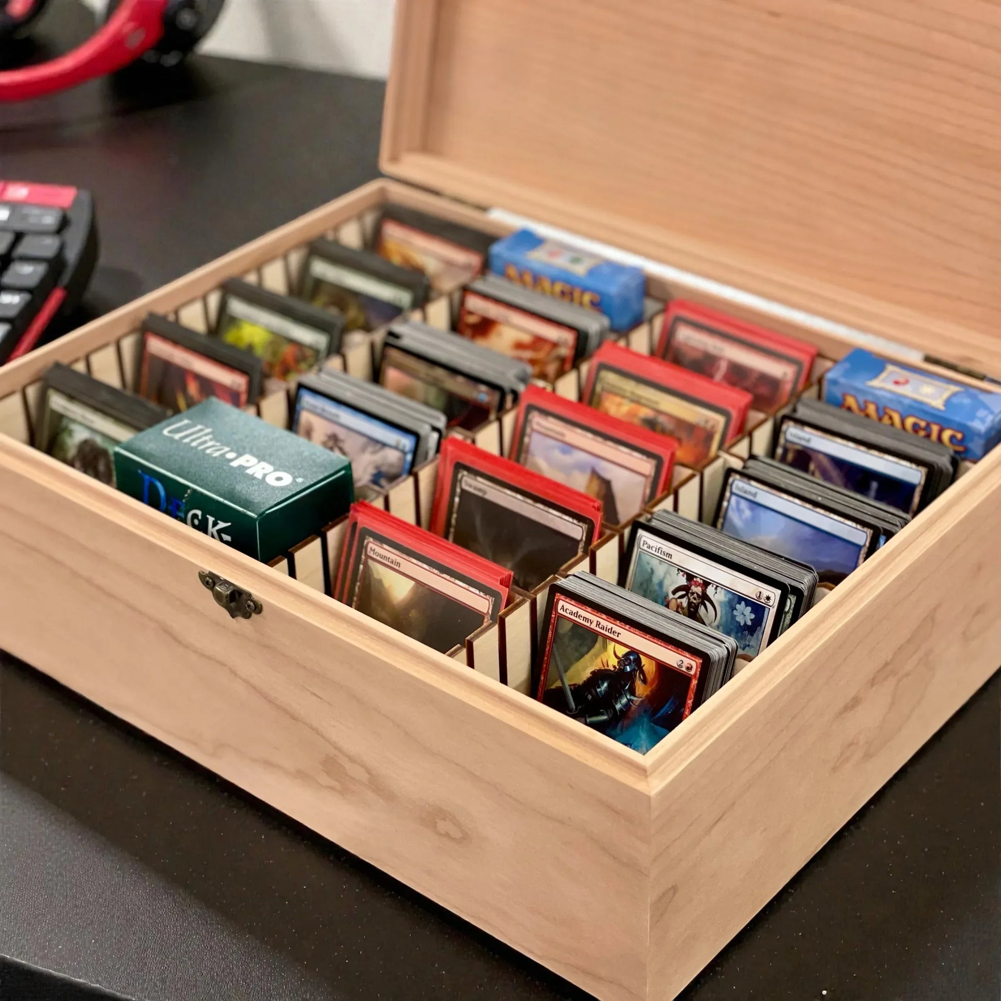 4-Row Wooden Card Storage Box - All Natural Oak, Maple, Cherry - Holds 1,500+ Cards - The Designcraft Studio