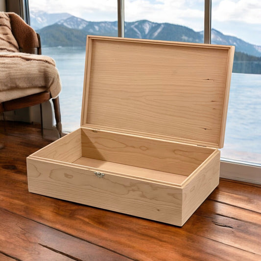 Inside view of extra large personalized wooden keepsake chest with hinged lid