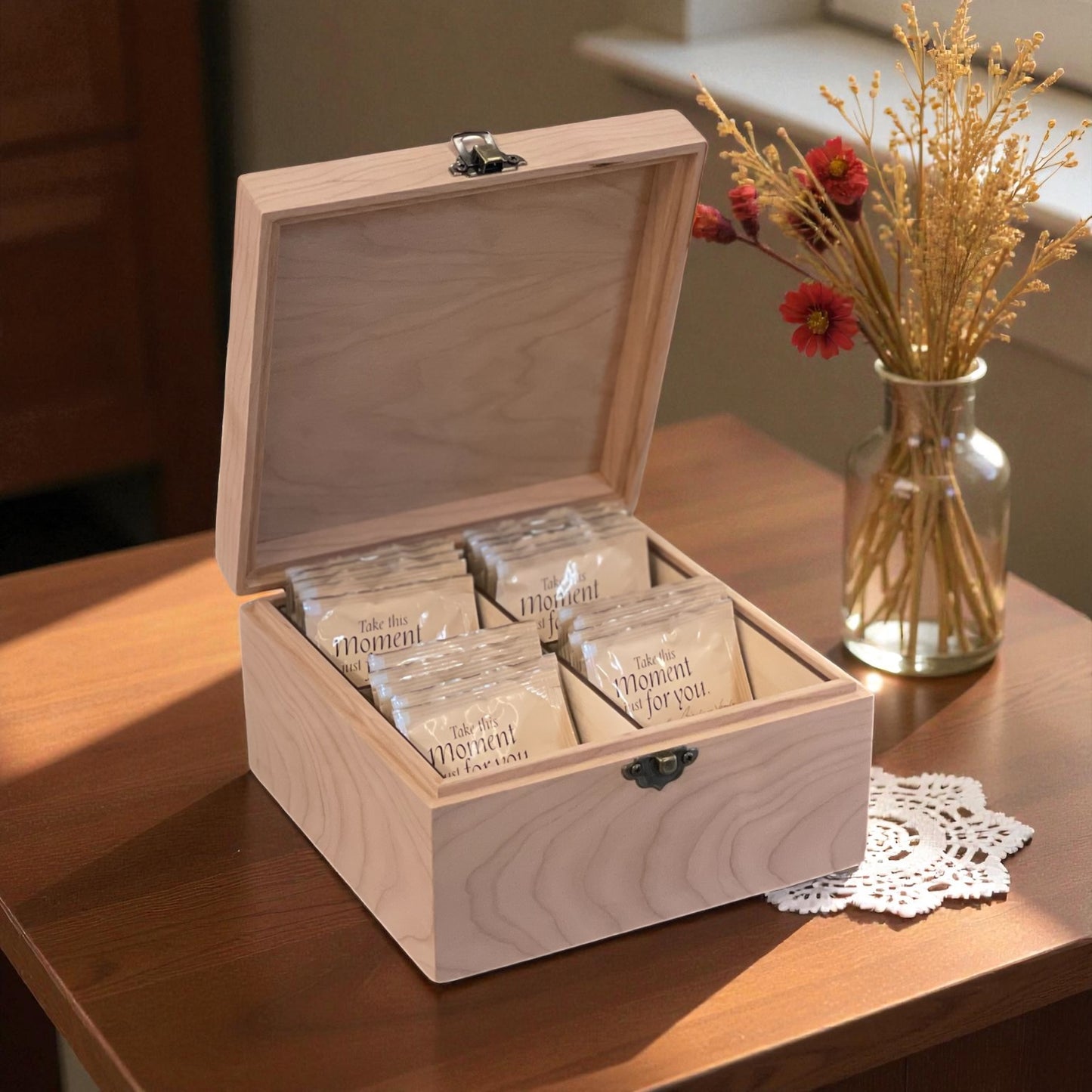 Custom Wooden Tea Box | Gift for Tea Lovers | Custom Engraved Tea Storage Chest | 4-Compartment Tea Organizer