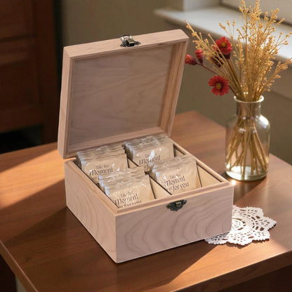Handmade Wooden Tea Box - All Natural 4-Compartment Storage Chest - The Designcraft Studio