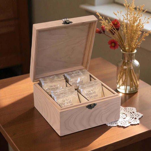 Custom Wooden Tea Box | Gift for Tea Lovers | Custom Engraved Tea Storage Chest | 4-Compartment Tea Organizer