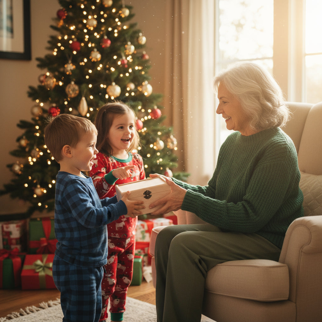 Grandmother recieving a small tea box from her small grandchildren on Christmas morning.