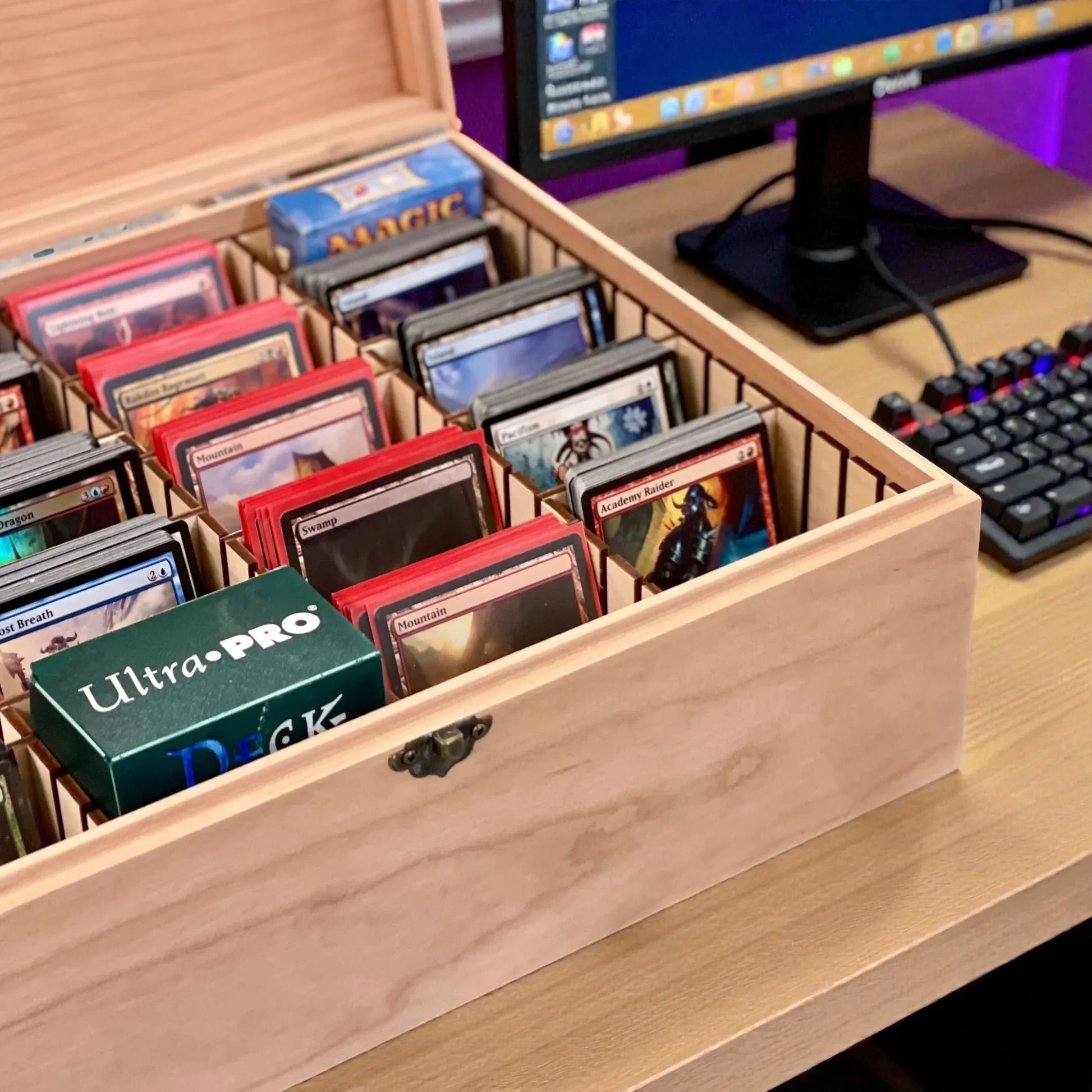 4-Row Wooden Card Storage Box - All Natural Oak, Maple, Cherry - Holds 1,500+ Cards - The Designcraft Studio