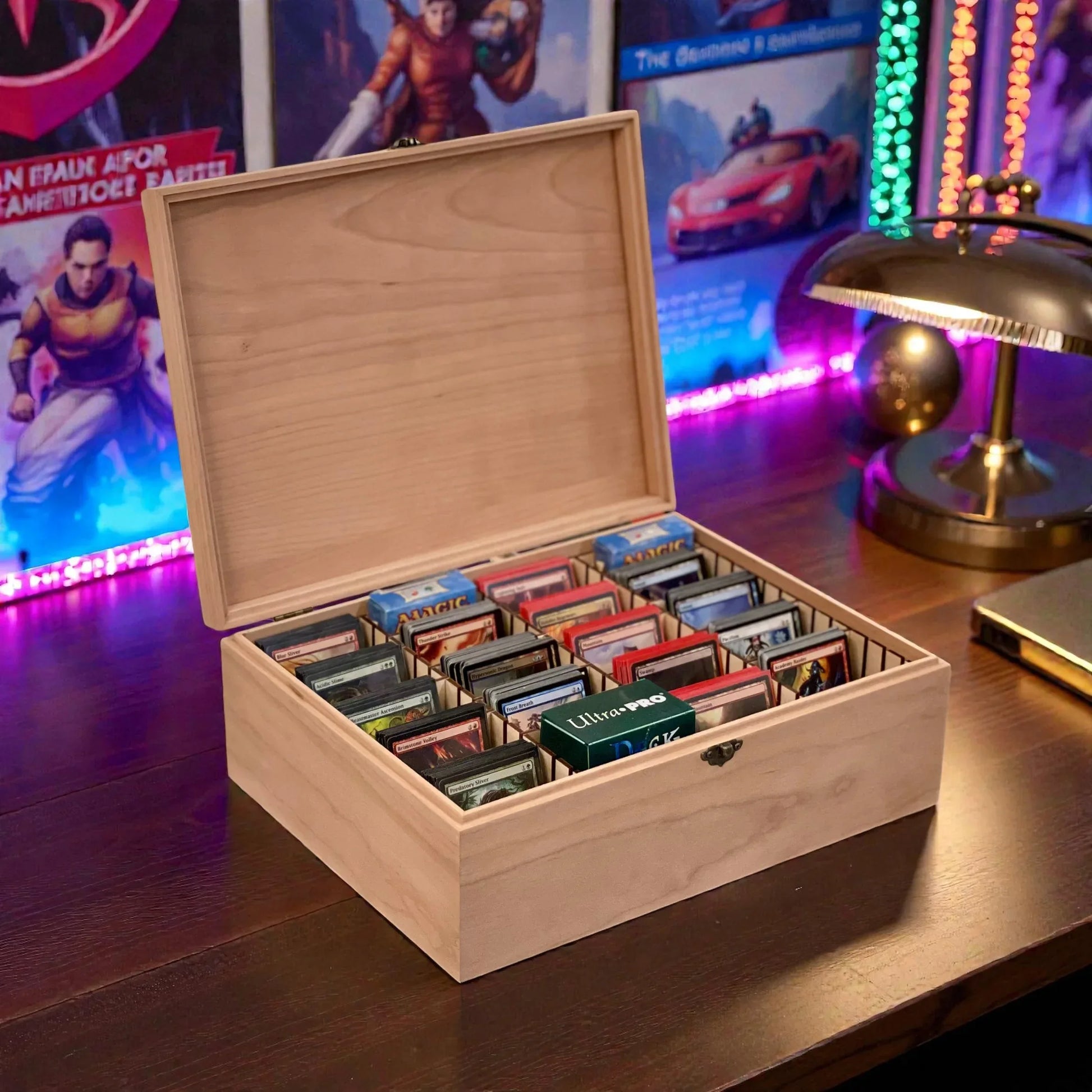 4-Row Wooden Card Storage Box - All Natural Oak, Maple, Cherry - Holds 1,500+ Cards - The Designcraft Studio