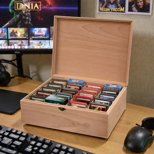 4-Row Wooden Card Storage Box - All Natural Oak, Maple, Cherry - Holds 1,500+ Cards - The Designcraft Studio