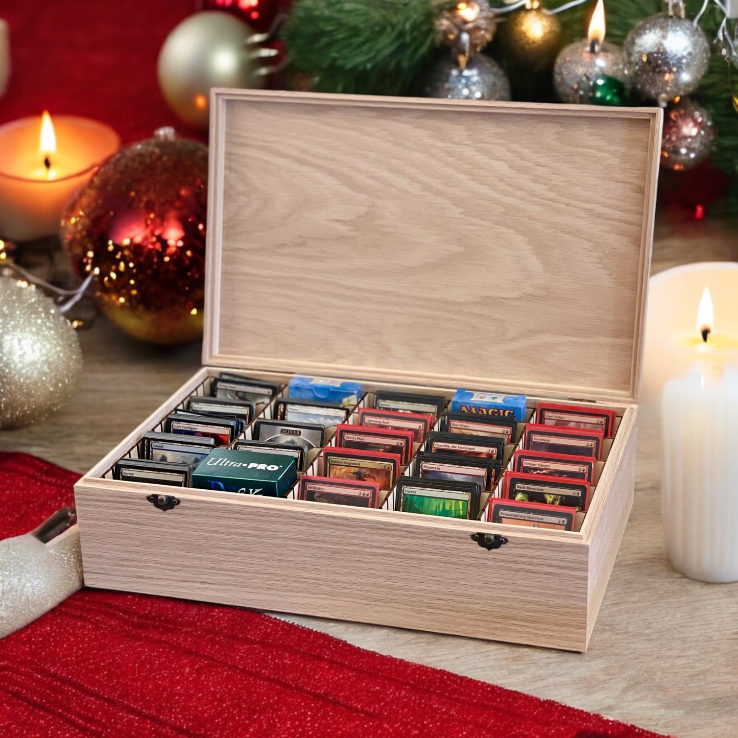 Premium wooden MTG deck box with collectible cards against a festive background with candles and ornaments.
