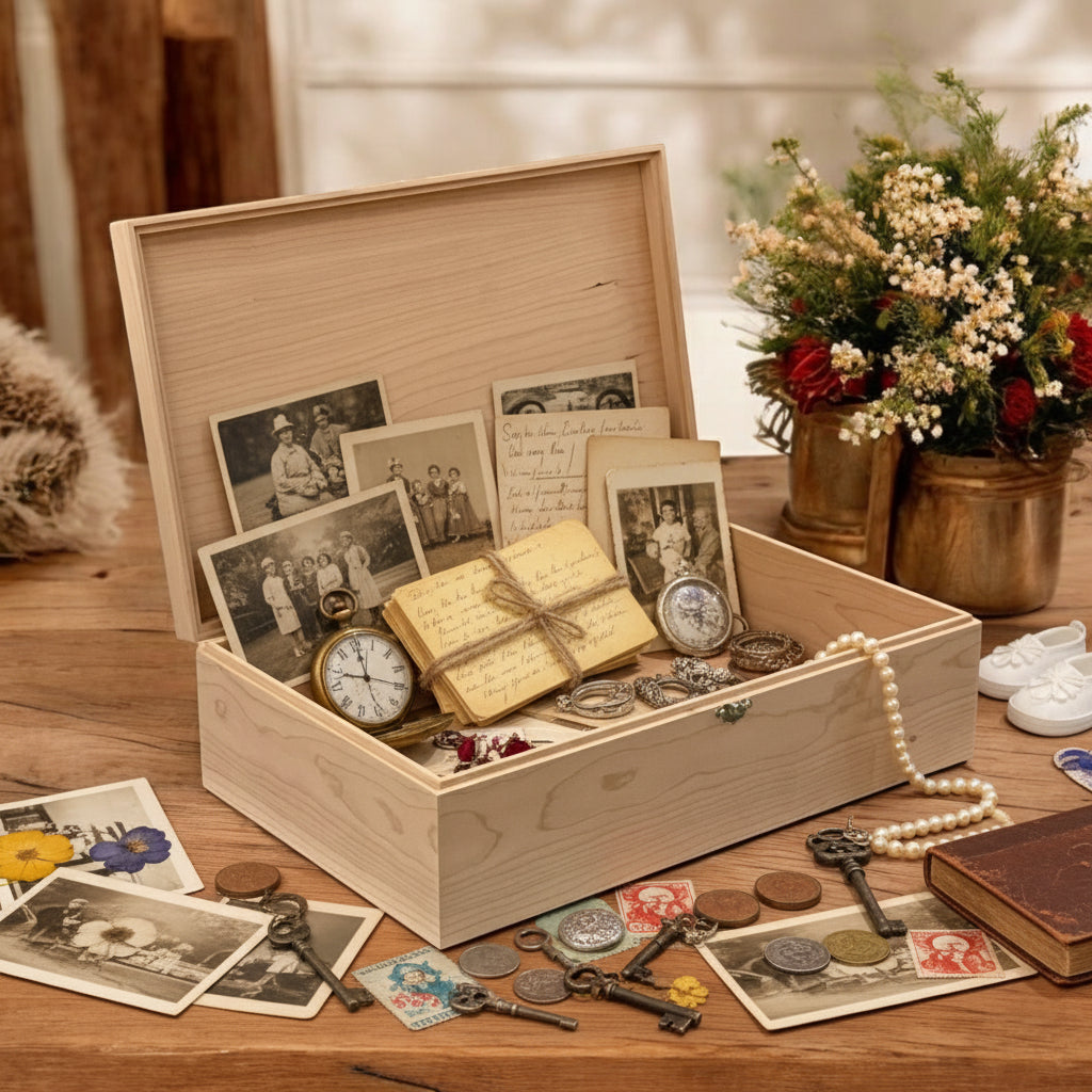 Wooden box on a wooden surface with flowers in the background