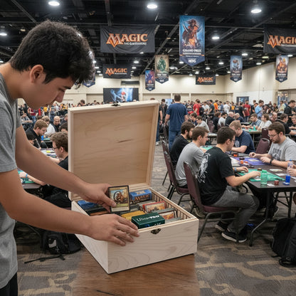 Young man adding mtg cards to his box at a MYG tournament