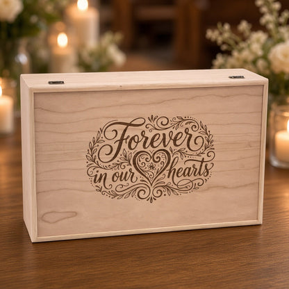 Cherry Extra Large wooden box engraved with 'Forever in our hearts' and a heart, among white roses and candles
