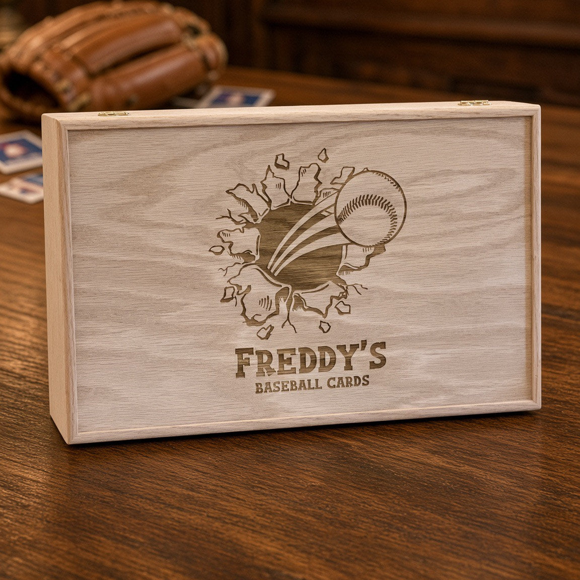 Oak 5-row card storage box engraved with a baseball bursting through the lid and a name, beside a glove and cards