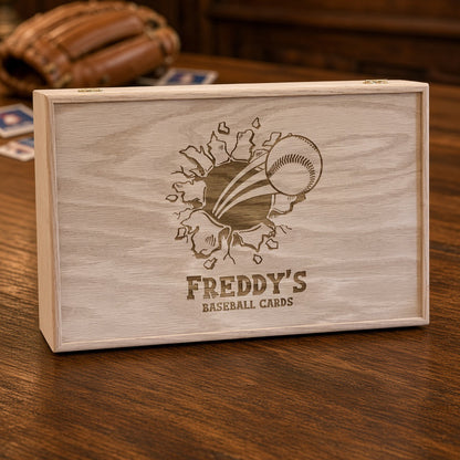 Oak 5-row card storage box engraved with a baseball bursting through the lid and a name, beside a glove and cards