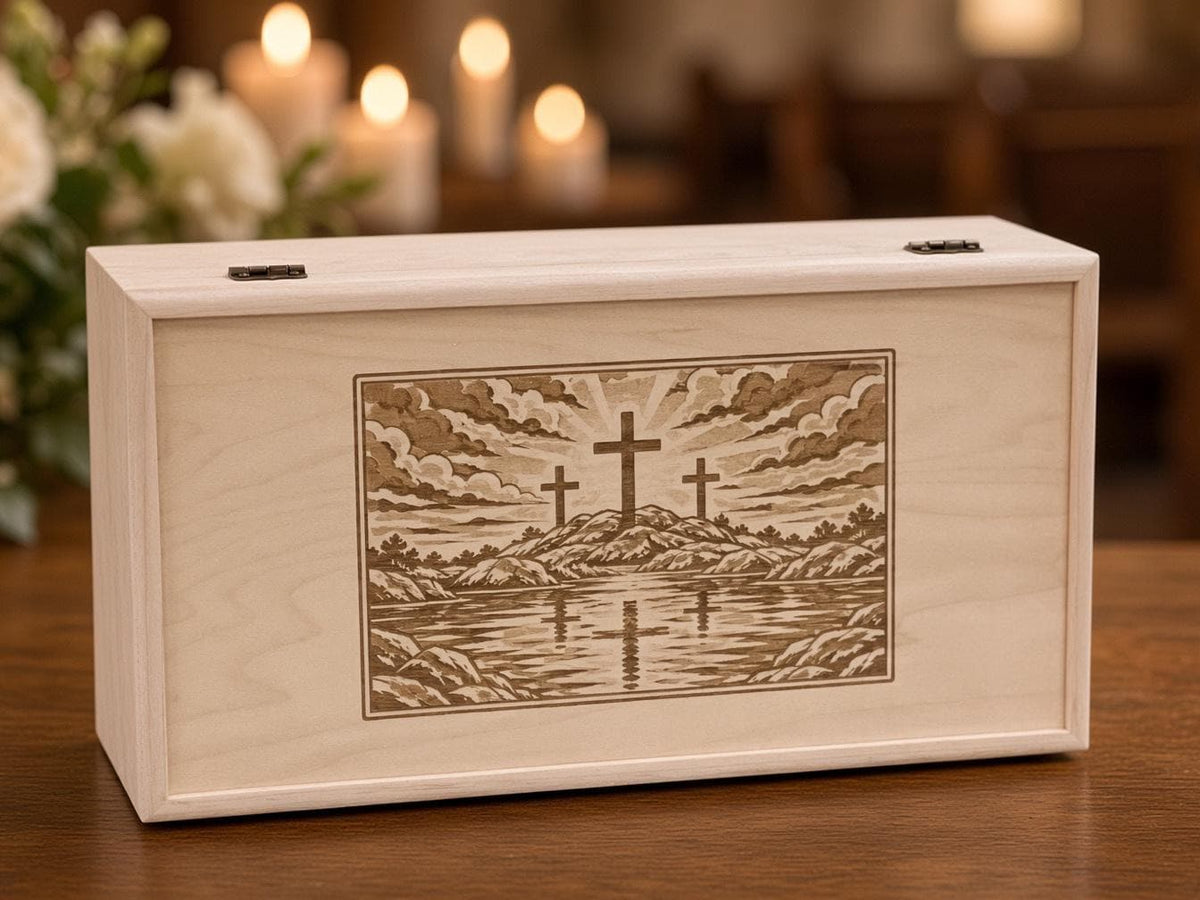 Maple wooden prayer box with three crosses on a hill engraved on the lid, beside white roses and candles in a church