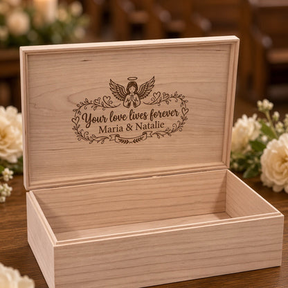 Open Cherry Extra Large memorial box with 'Your love lives forever' and a praying angel engraved inside the lid