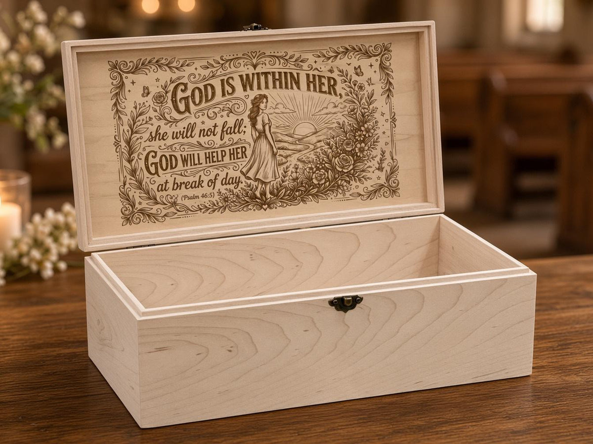 Open maple prayer box with front latch, inside of the lid engraved God Is Within Her, She Will Not Fall, in a church