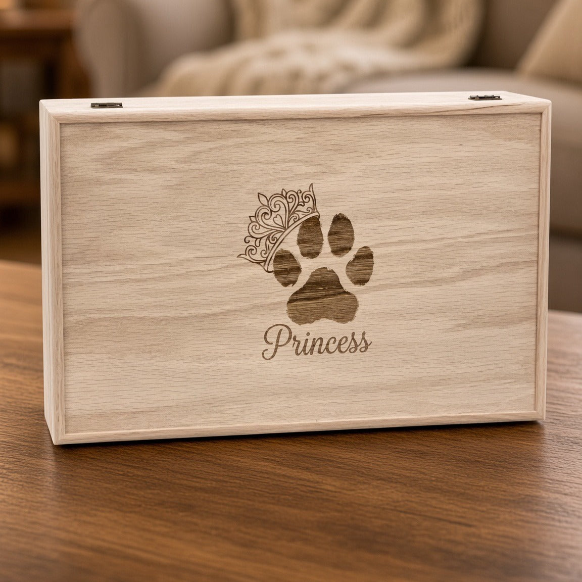 Red Oak Extra Large 16 1/2 x 10 1/4 x 4 3/4 wooden pet memorial box engraved with a paw print, tiara and the name Princess