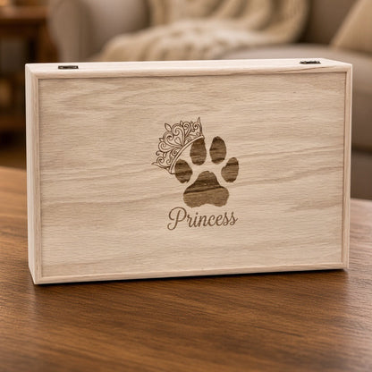 Red Oak Extra Large 16 1/2 x 10 1/4 x 4 3/4 wooden pet memorial box engraved with a paw print, tiara and the name Princess