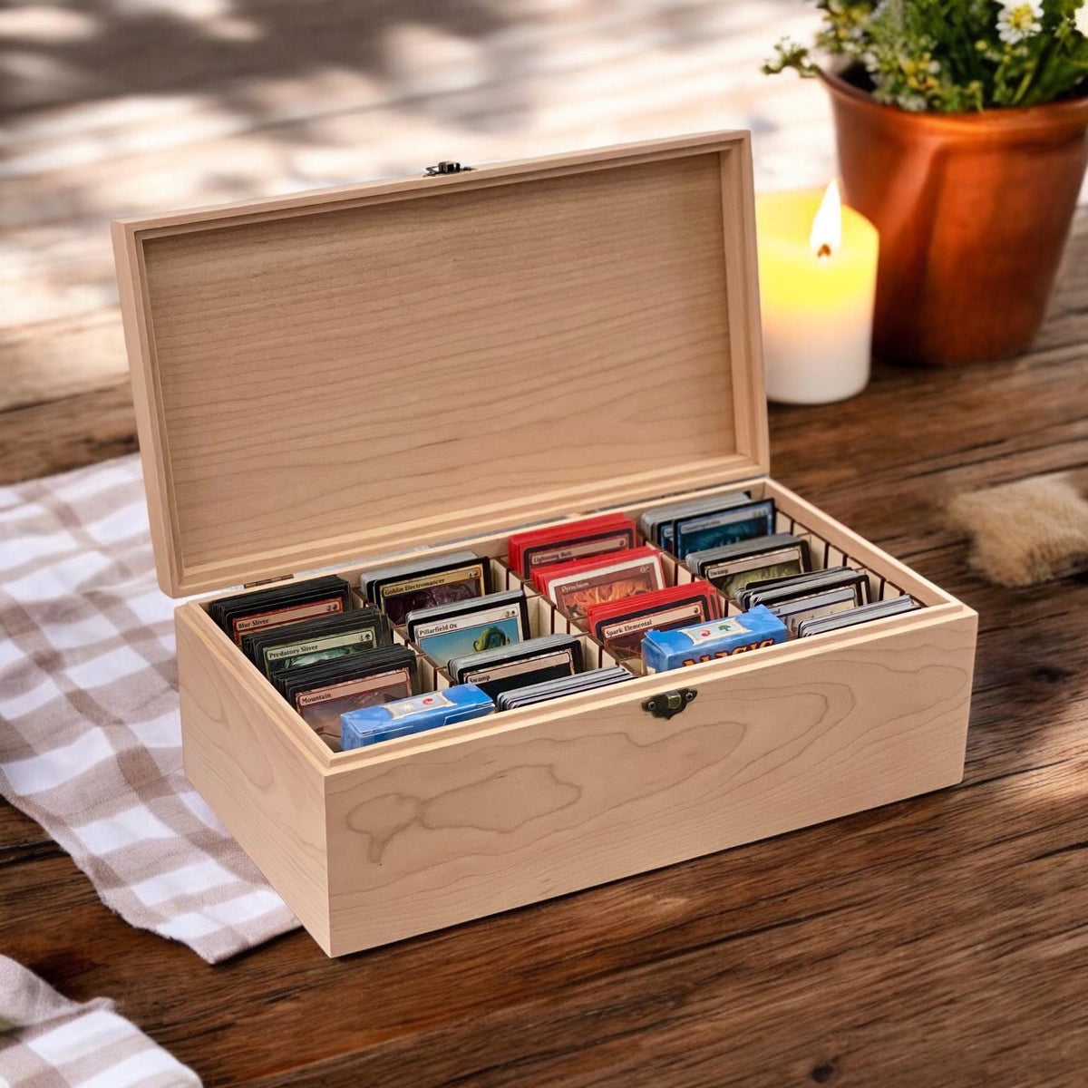Maple slim 4-row wooden card storage box, 13⅜ x 7⅛ x 4¾ in, lid open and filled with sleeved trading cards, no engraving