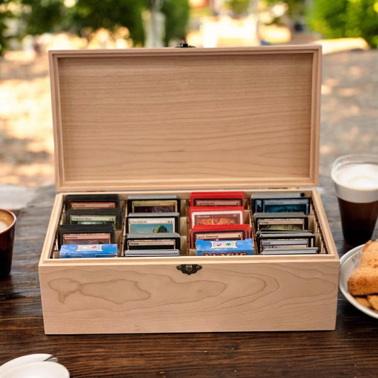 Maple slim 4-row wooden card storage box, 13⅜ x 7⅛ x 4¾ in, front view, open and filled with sleeved trading cards in 4 rows, no engraving