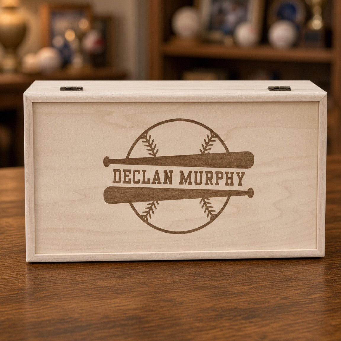 Maple slim 4-row wooden card storage box, 13⅜ x 7⅛ x 4¾ in, lid engraved with Declan Murphy baseball design, on a shelf with sports memorabilia